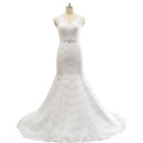 New Style Trumpet V-Neck Sweep Train Lace Wedding Dress