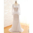 2022 V-Neck Sweep Train Plus Size Wedding Dress with Long Sleeves