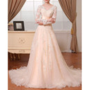 Modern V-Neck Sweep Train Lace Wedding Dress with Long Sleeves