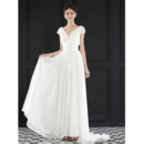 Chic V-Neck Floor Length Chiffon Wedding Dress with Short Sleeves