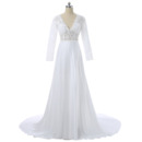 Classic V-Neck Satin Wedding Dress with Long Lace Sleeves