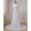 Modest Sheath Sweep Train Satin Wedding Dress with Short Sleeves