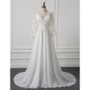 Modern V-Neck Sweep Train Chiffon Plus Size Wedding Dress with 3/4 Long Sleeves