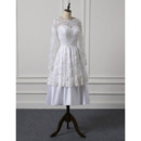 Chic Tea Length Lace Taffeta Wedding Dress with Long Sleeves