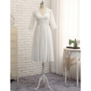 Simple V-Neck Knee Length Lace Chiffon Plus Size Wedding Dress with 3/4 Long Sleeves