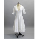 Designer V-Neck Tea Length Reception Wedding Dress with Half Sleeves