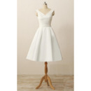 Classic A-Line V-Neck Knee Length Satin Reception Wedding Dress