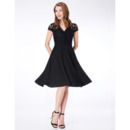 Classic Knee Length Chiffon Black Bridesmaid Dress with Short Sleeves