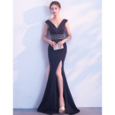 Affordable Sheath V-Neck Floor Length Satin Formal Evening Dress with Slit