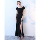 Custom Sheath Short Sleeves Floor Length Satin Formal Evening Dress with Slit