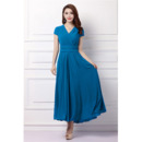 Simple Modest V-Neck Tea Length Chiffon Formal Mother Dress with Short Sleeves