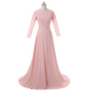 Women's Elegant A-Line Sweep Train Chiffon Formal Mother Dress with Long Sleeves