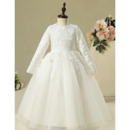Adorable Classy Long Lace Organza Flower Girl Dress for Wedding Party with Long Sleeves