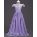 Affordable Beautiful Long Chiffon Lace Little Girl Pageant Dress with Cap Sleeves