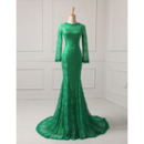 Affordable Mermaid Floor Length Lace Evening Dress with Long Sleeves