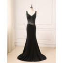 Sexy Sheath V-Neck Floor Length Chiffon Black Beading Evening Dress