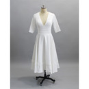 2022 Style V-Neck Tea-Length Satin Bridal Dress with Half Sleeves