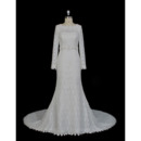 Custom Sheath Floor Length Lace Wedding Dress with Long Sleeves