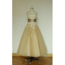 New A-Line Strapless Tea Length Organza Wedding Dress with Belt