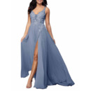 Discount V-Neck Long Chiffon Applique Bridesmaid Dress with Slit