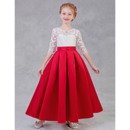 A-Line Long Lace Satin Flower Girl Dress with Half Sleeves