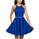 2022 New Style A-Line Halter Short Satin Backless Blue Homecoming Dress