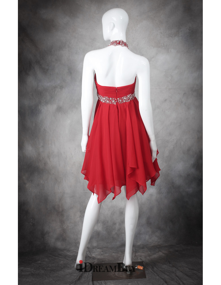 Junior Empire Waist Halter Sleeveless Short Red Chiffon