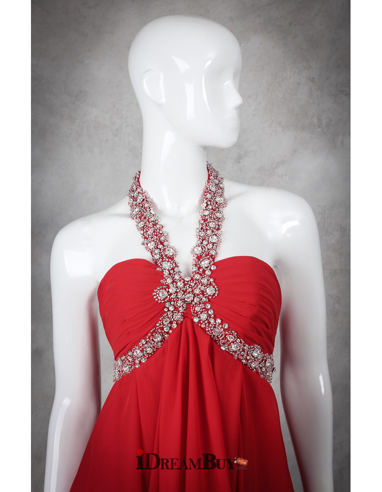 Junior Empire Waist Halter Sleeveless Short Red Chiffon