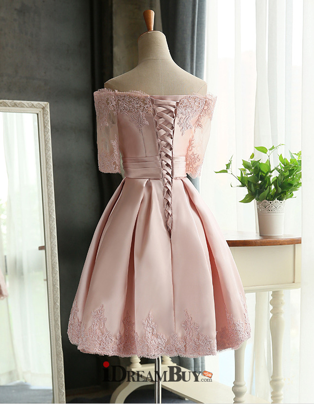 Informal Off-the-shoulder Pink Short Wedding Dress with Half Sleeves ...