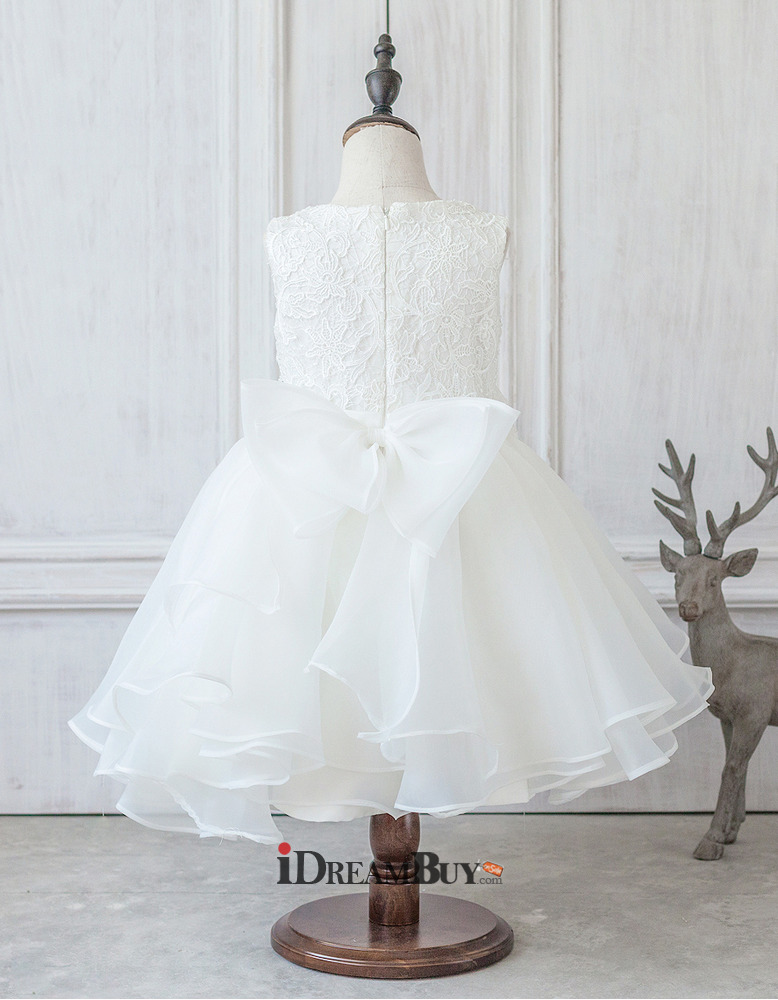 White Ball Gown Tea-length Applique Organza Flower Girl Dress with Flower